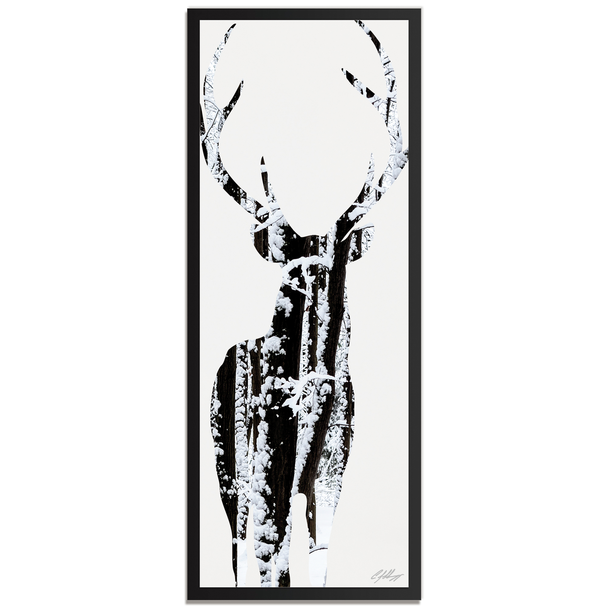 Adam Schwoeppe 'Snow Deer Framed' 19in x 48in Contemporary Animal Silhouette Art on Colored Metal