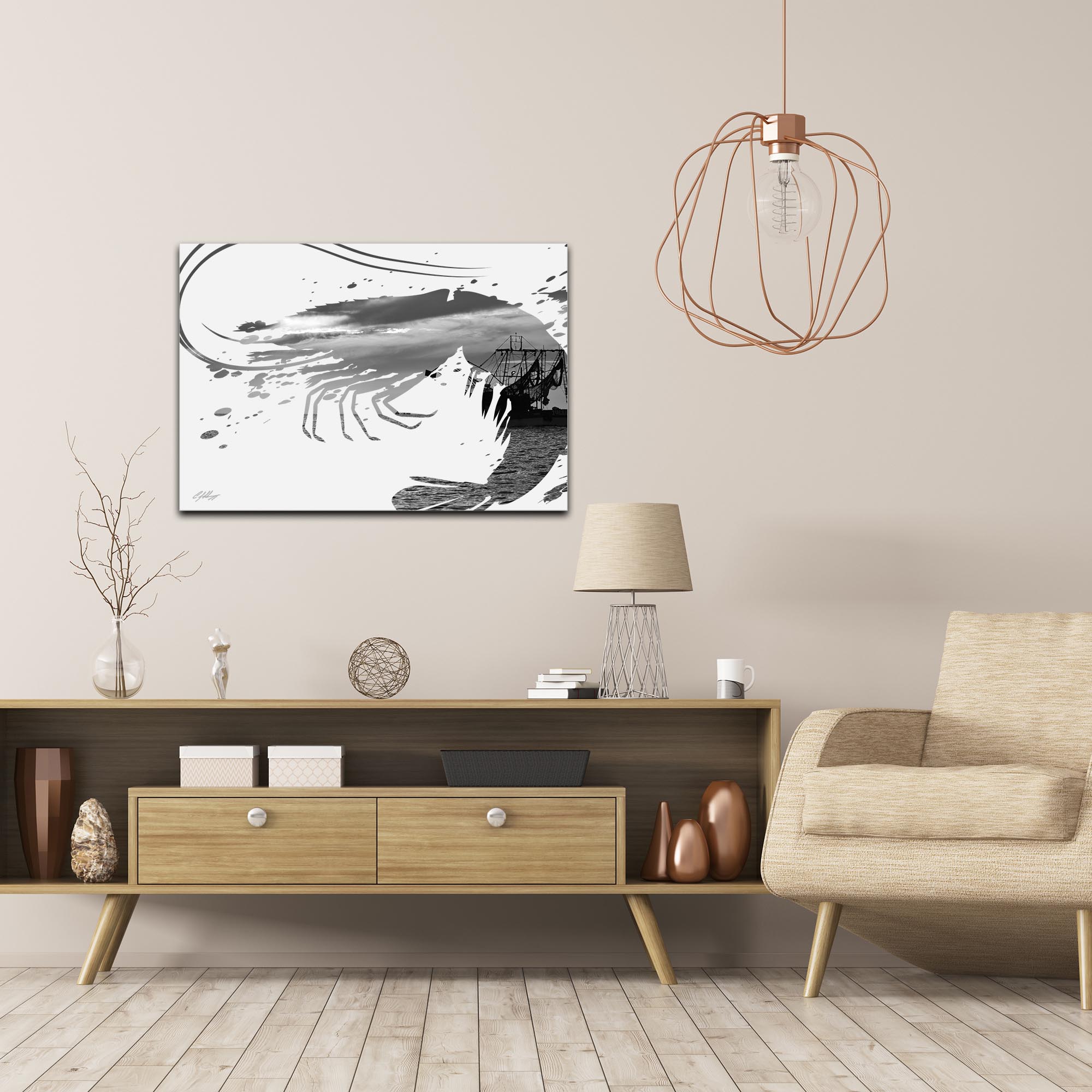 Shrimp Boat Gray by Adam Schwoeppe Animal Silhouette on White Metal - Lifestyle View