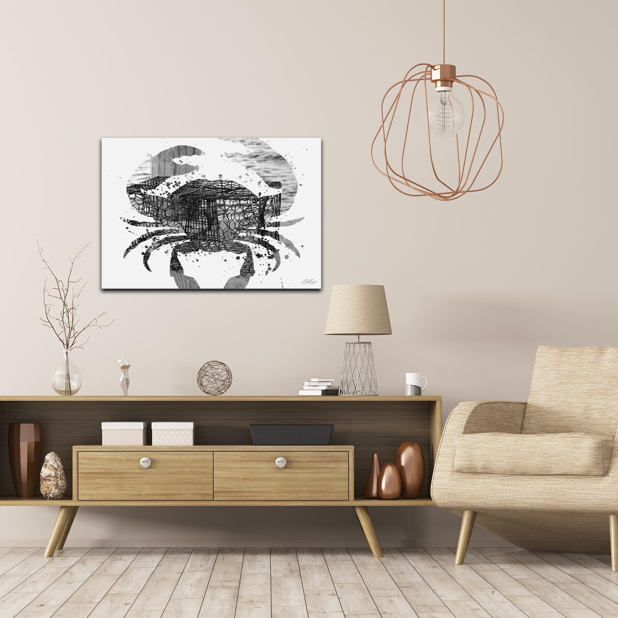 Crab Pot Gray by Adam Schwoeppe Animal Silhouette on White Metal - Lifestyle View