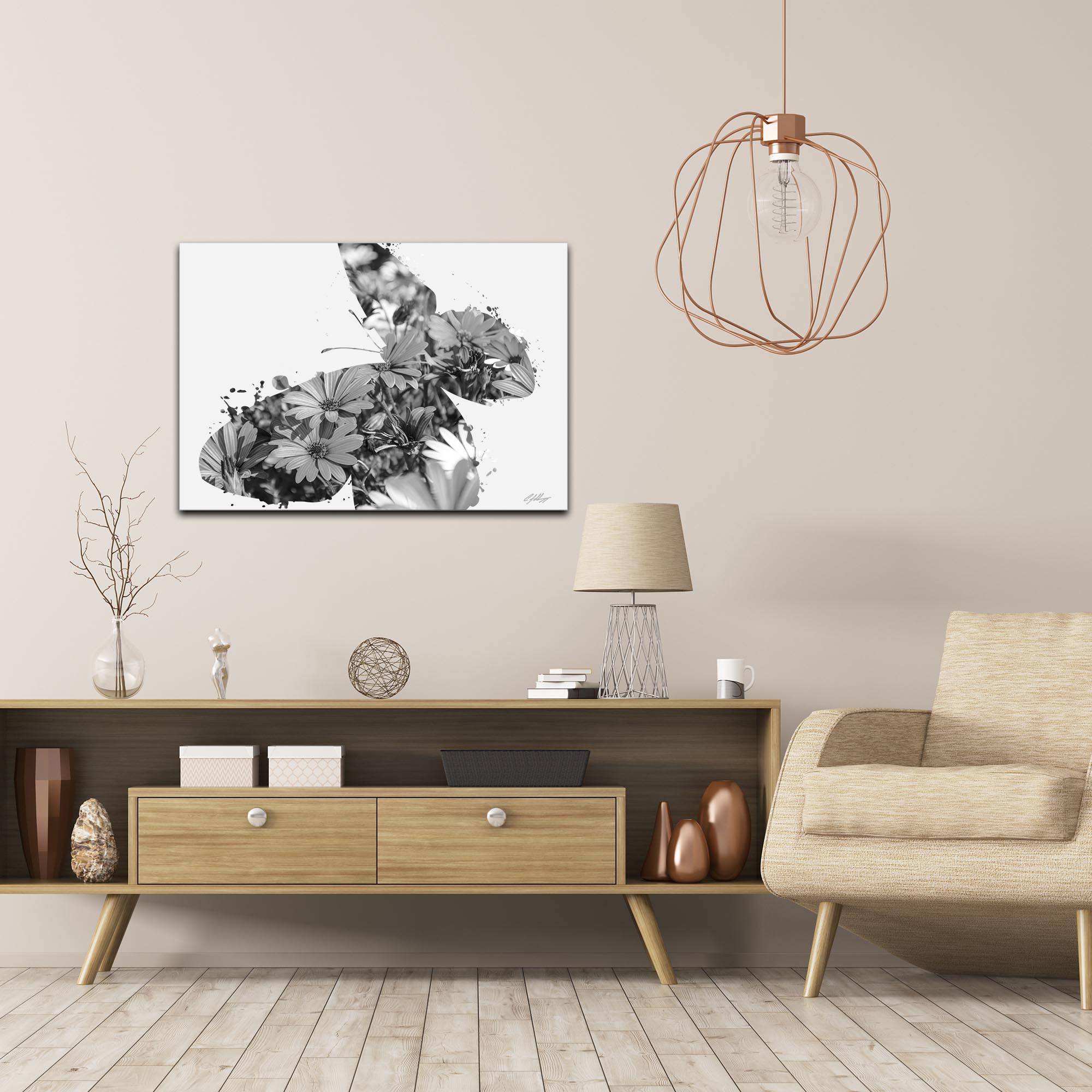 Butterfly Flowers Gray by Adam Schwoeppe Animal Silhouette on White Metal - Lifestyle View