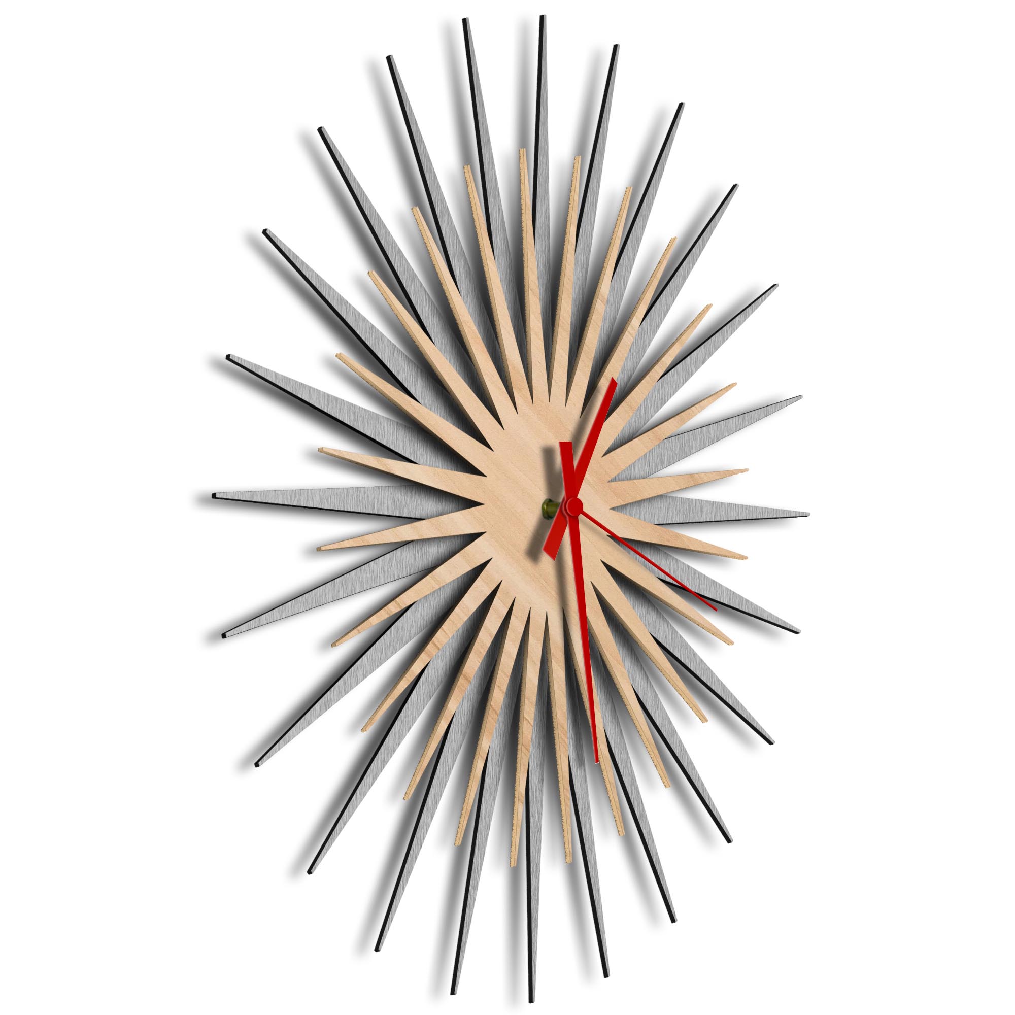 Atomic Era Clock Silver Maple Red by Adam Schwoeppe - Mid-Century Modern Clock on Brushed Silver Polymetal - Image 2