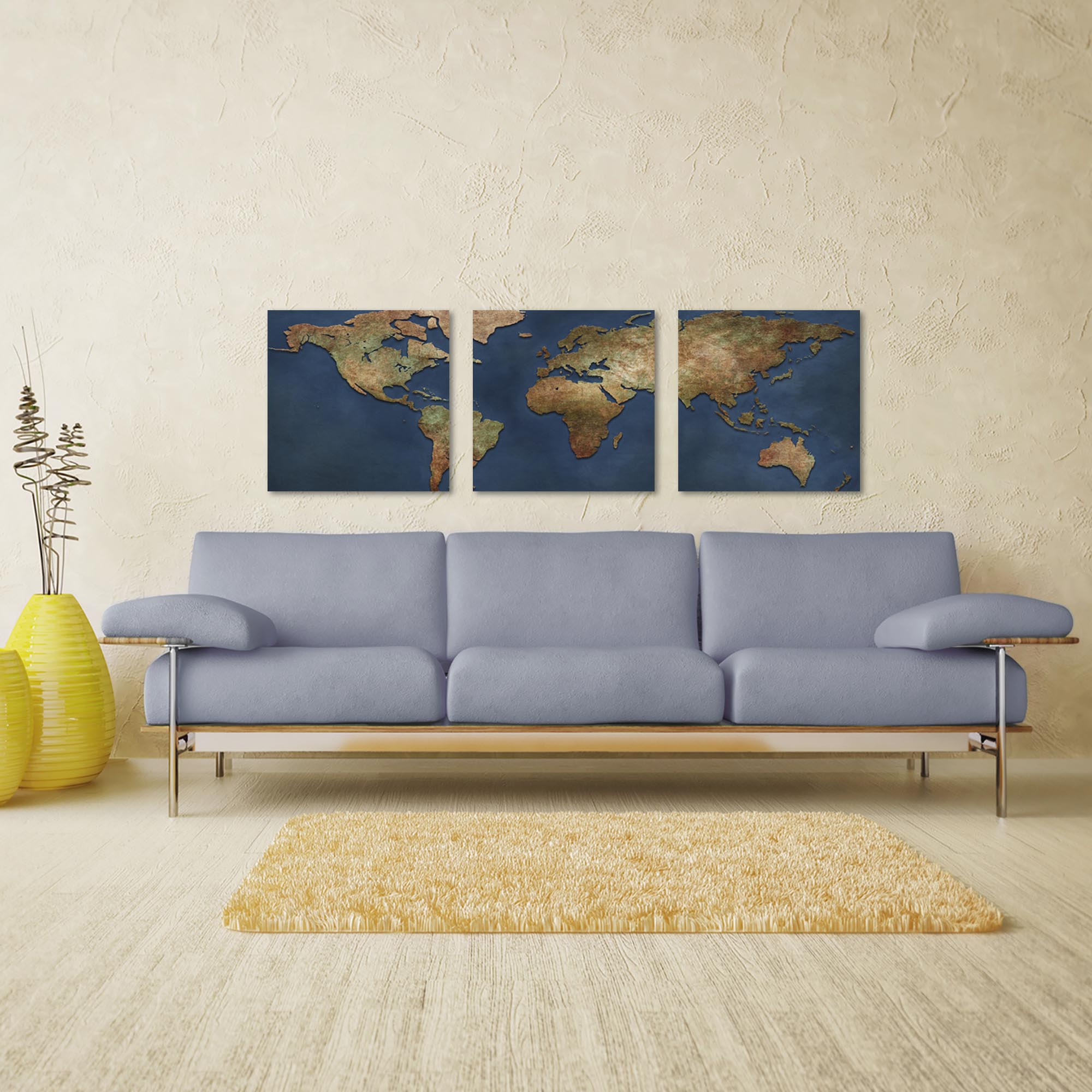 1800s World Map Triptych Large 70x22in. Metal or Acrylic Colonial Decor - Lifestyle View