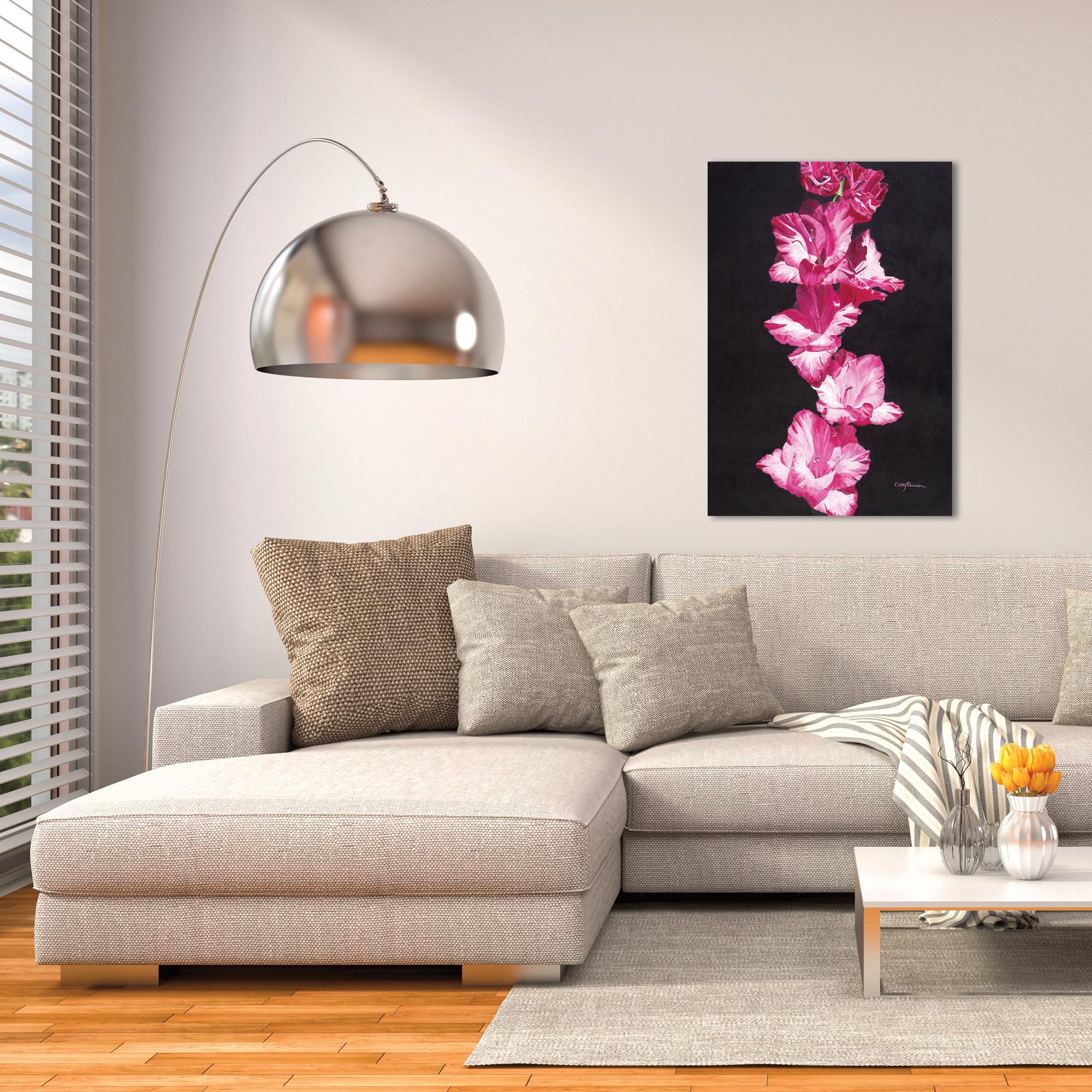 Traditional Wall Art 'Bright Pink Glads' - Floral Decor on Metal or Plexiglass - Lifestyle View
