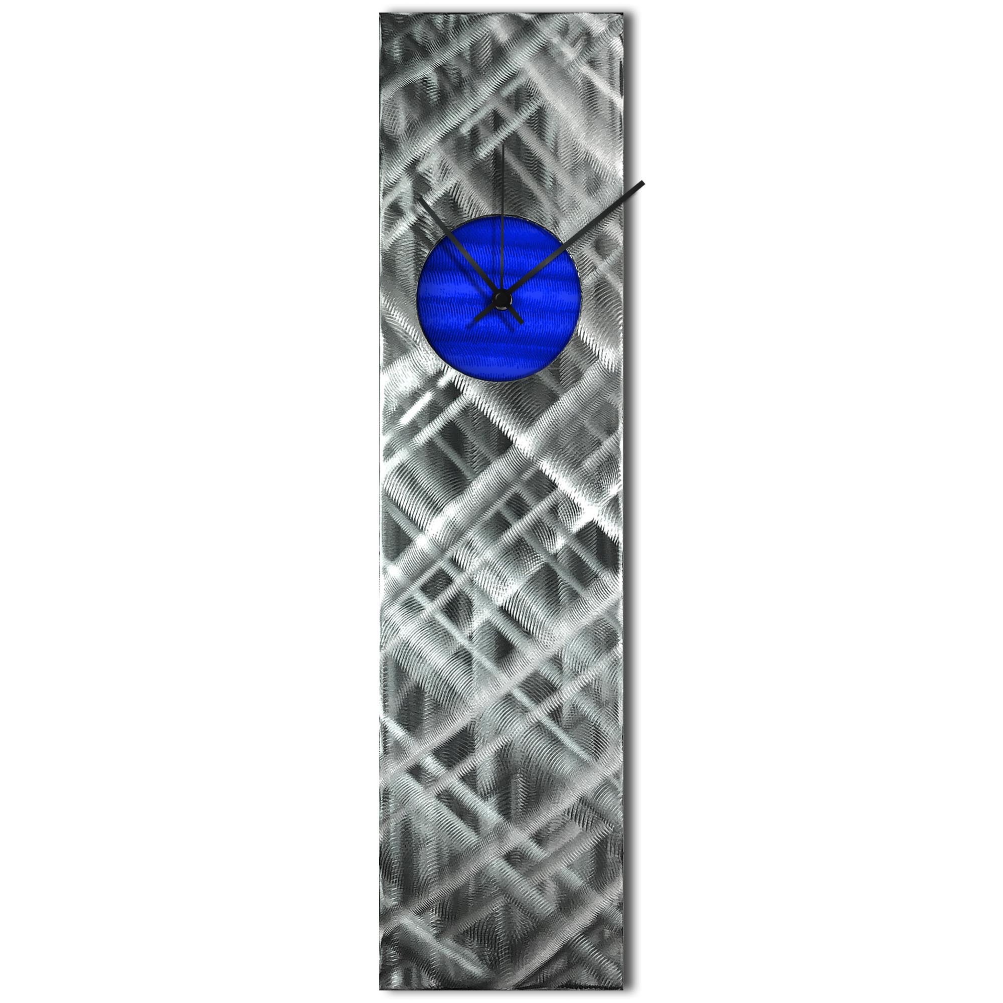 Helena Martin 'Plaid Relief Clock Blue' 6in x 24in Modern Wall Clock on Ground and Painted Metal