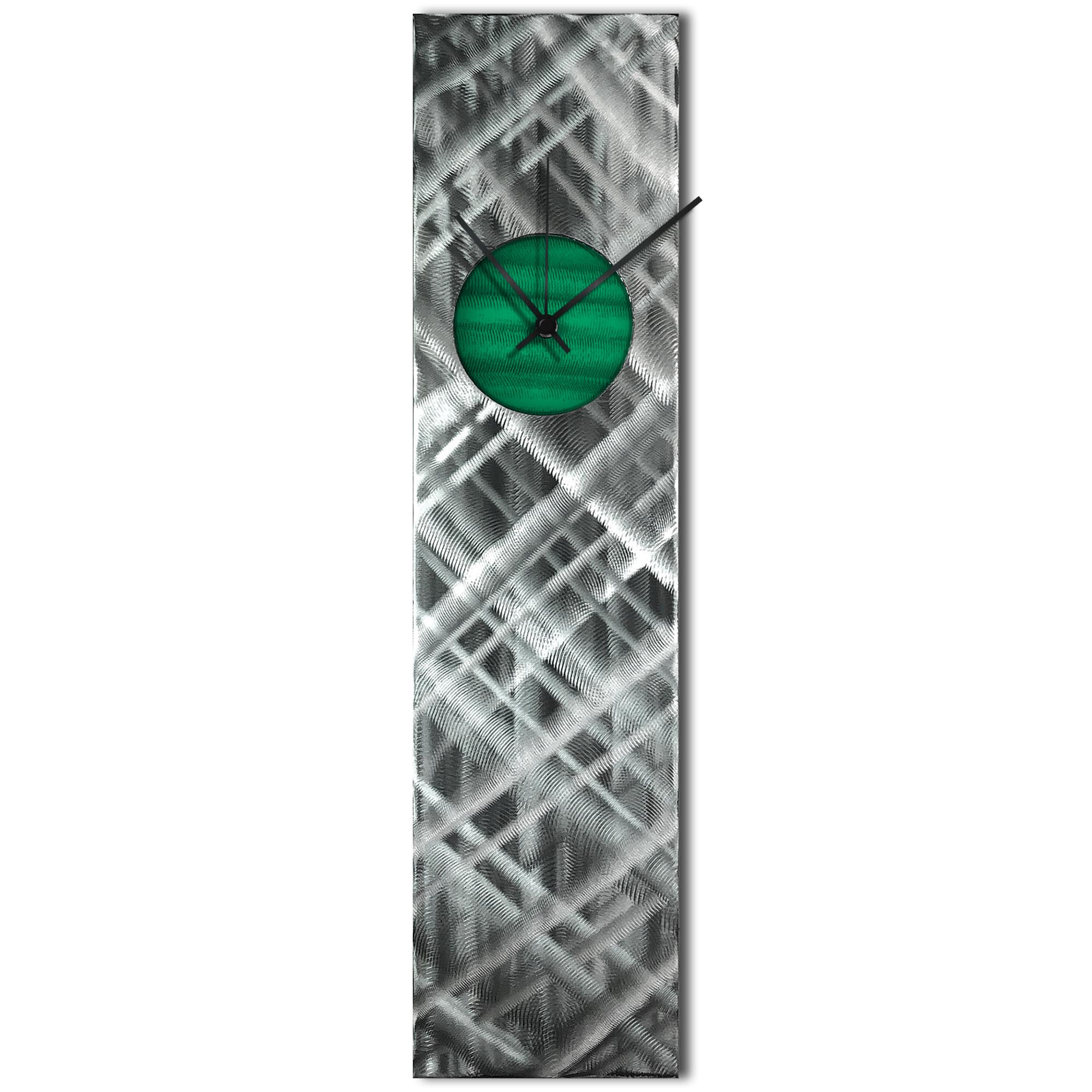 Helena Martin 'Plaid Relief Clock Green' 6in x 24in Modern Wall Clock on Ground and Painted Metal