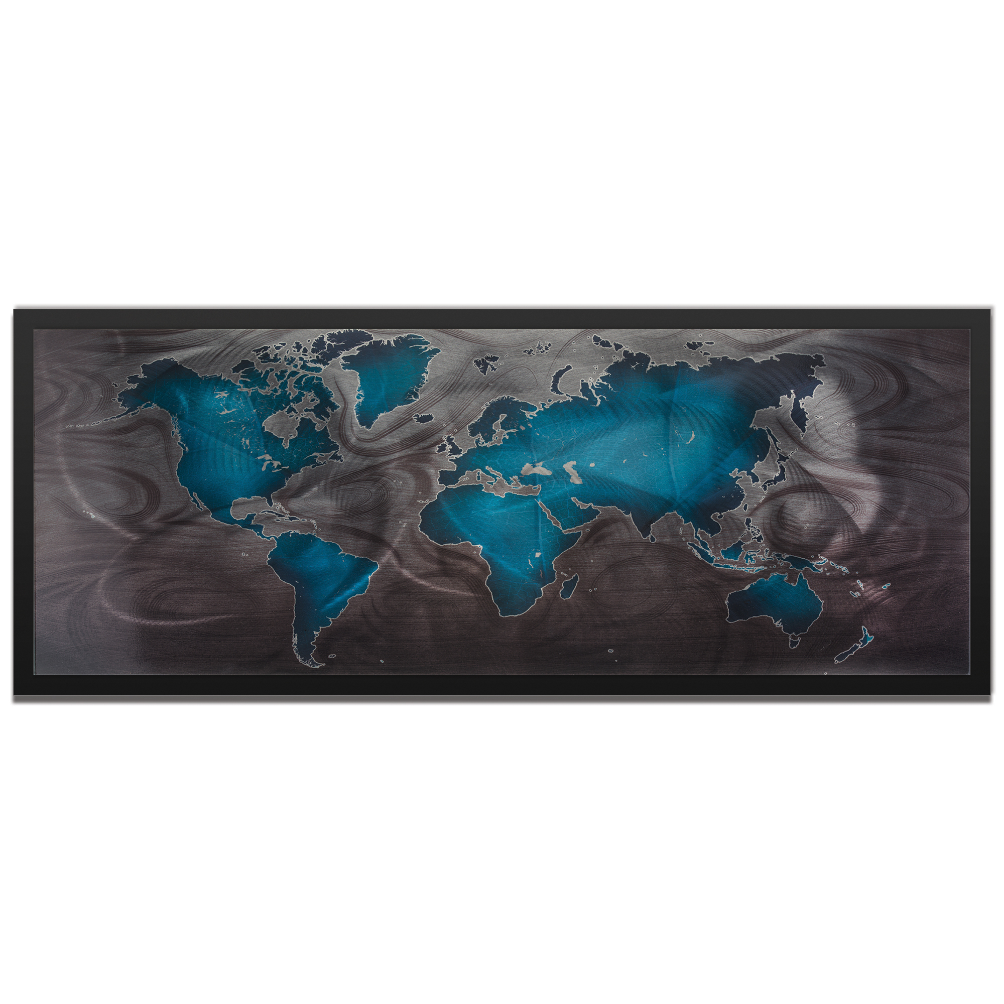 Amber LaRosa 'Blue Pewter Land and Sea Framed' 48in x 19in Traditional World Map Art on Colored Metal