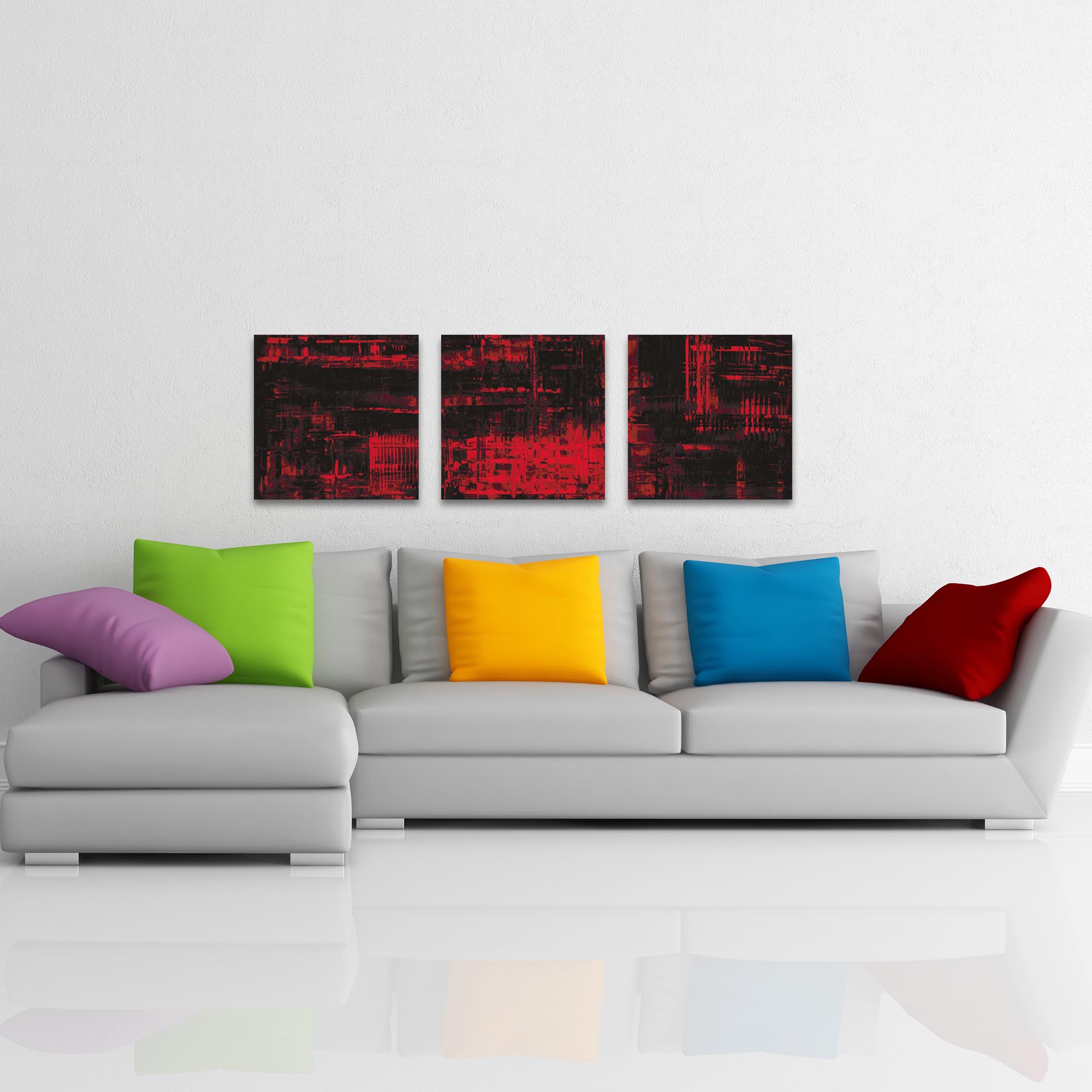 Aporia Red Triptych Large 70x22in. Metal or Acrylic Contemporary Decor - Lifestyle View