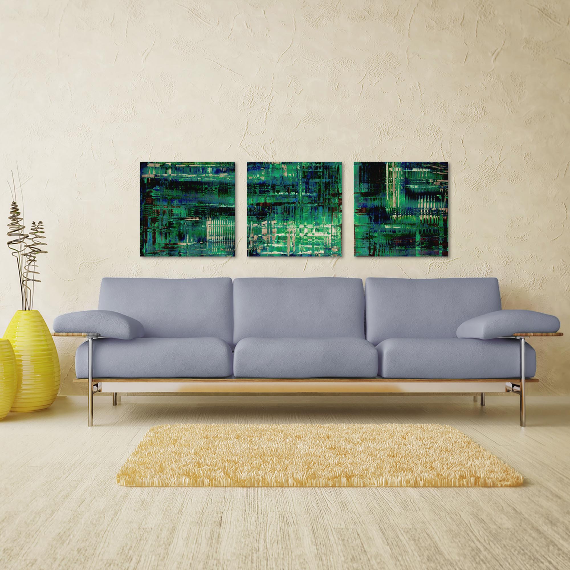 Aporia Blue Triptych Large 70x22in. Metal or Acrylic Contemporary Decor - Lifestyle View