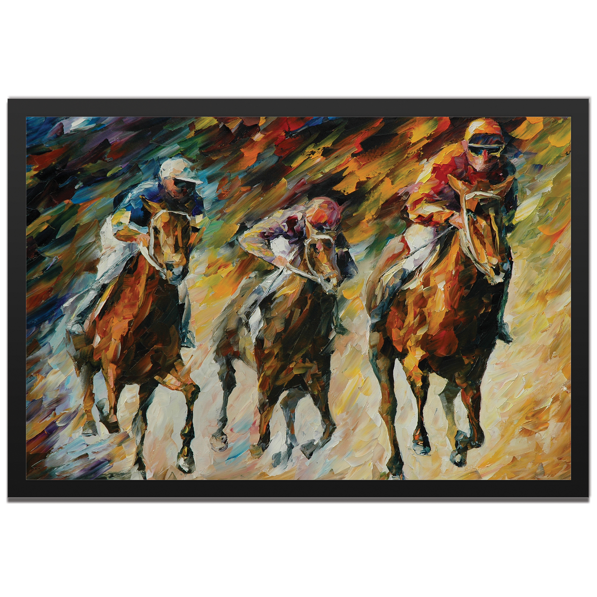 Leonid Afremov 'Instant of Success Framed' 32in x 22in Contemporary Horse Racing Art on Colored Metal