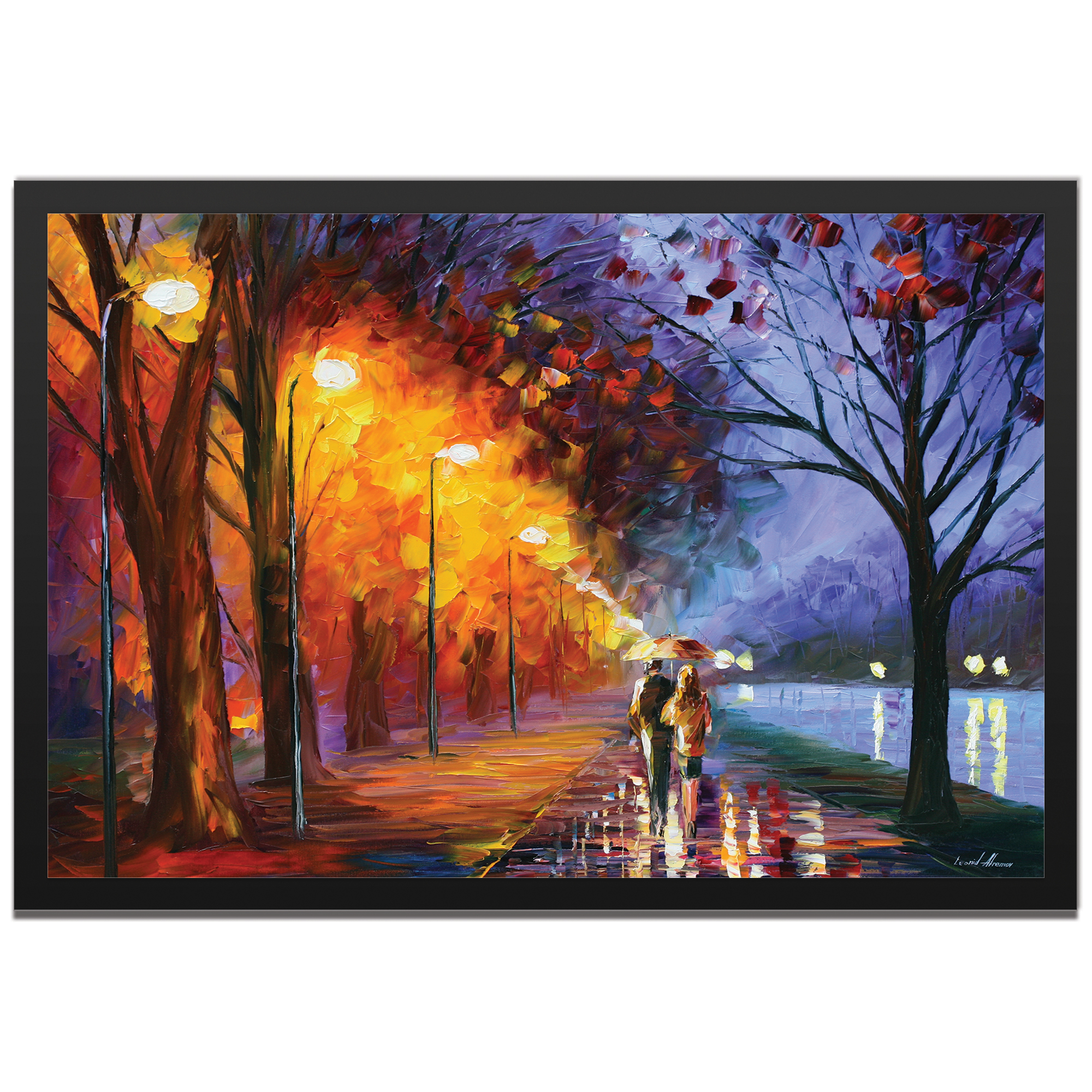 Leonid Afremov 'Alley By The Lake Framed' 32in x 22in Abstract Cityscape Art on Colored Metal