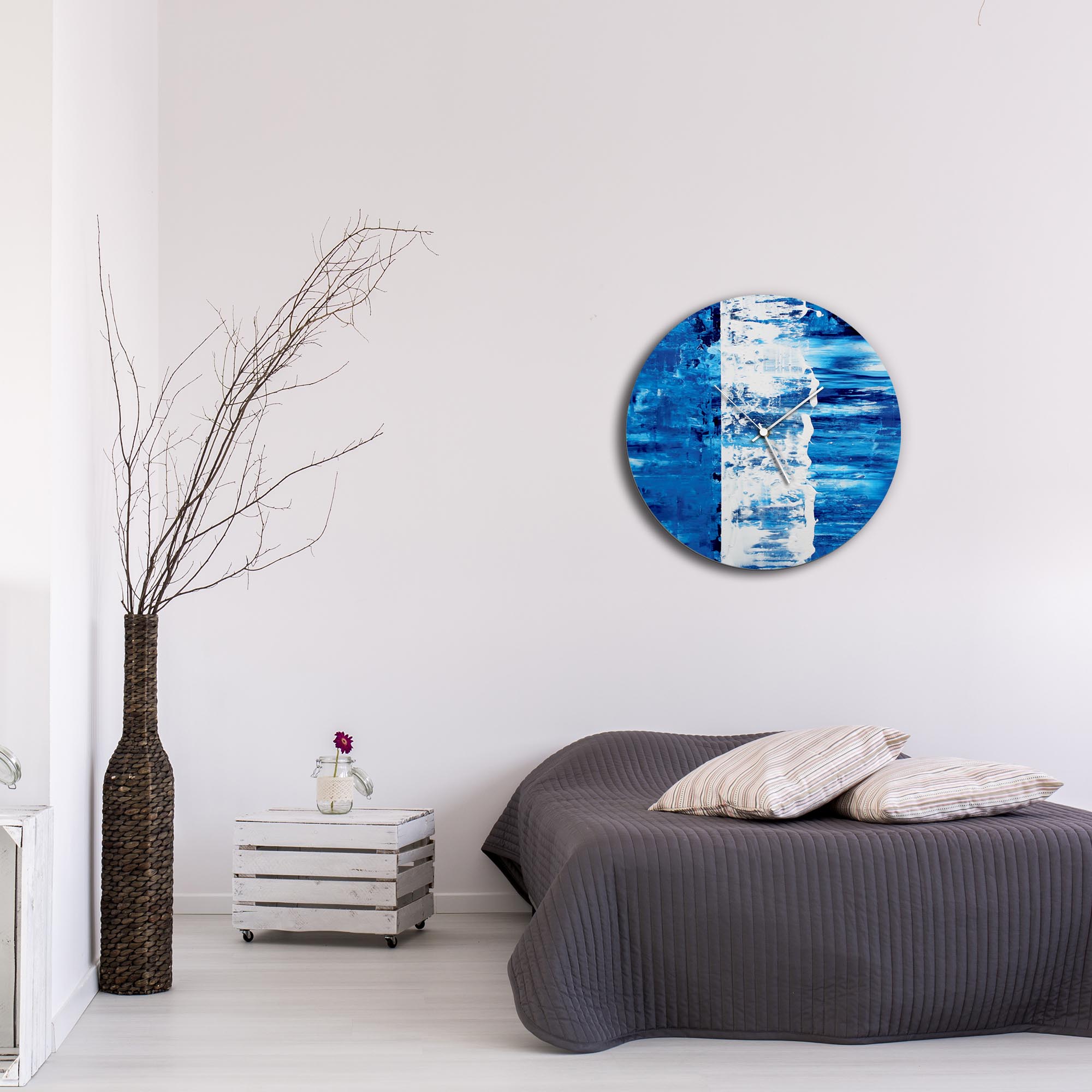 Blue Street Circle Clock Large by Mendo Vasilevski - Urban Abstract Home Decor - Lifestyle View