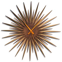 Adam Schwoeppe Atomic Era Clock Bronze Walnut Orange Midcentury Modern Style Wall Clock
