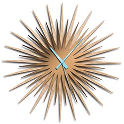 Adam Schwoeppe Atomic Era Clock Maple Bronze Blue Midcentury Modern Style Wall Clock