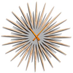 Adam Schwoeppe Atomic Era Clock Maple Silver Orange Midcentury Modern Style Wall Clock