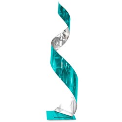 Helena Martin Teal Curl Sculpture 9in x 35in Abstract Metal Art on Ground and Painted Metal