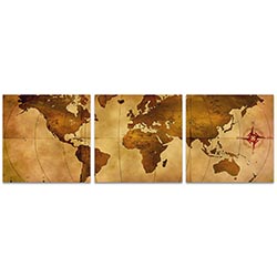 Old World Map Triptych 38x12in. Metal or Acrylic Colonial Decor